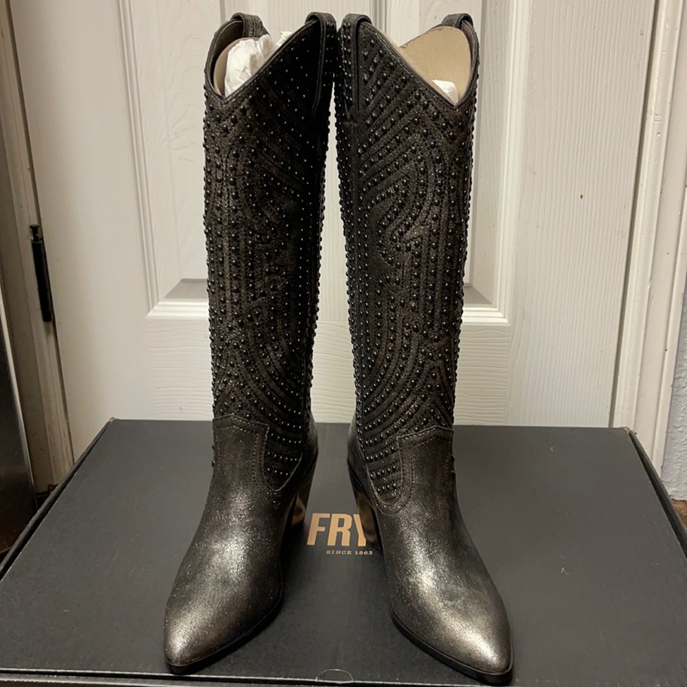 COPY - Frye tall dark gray metallic heeled boots